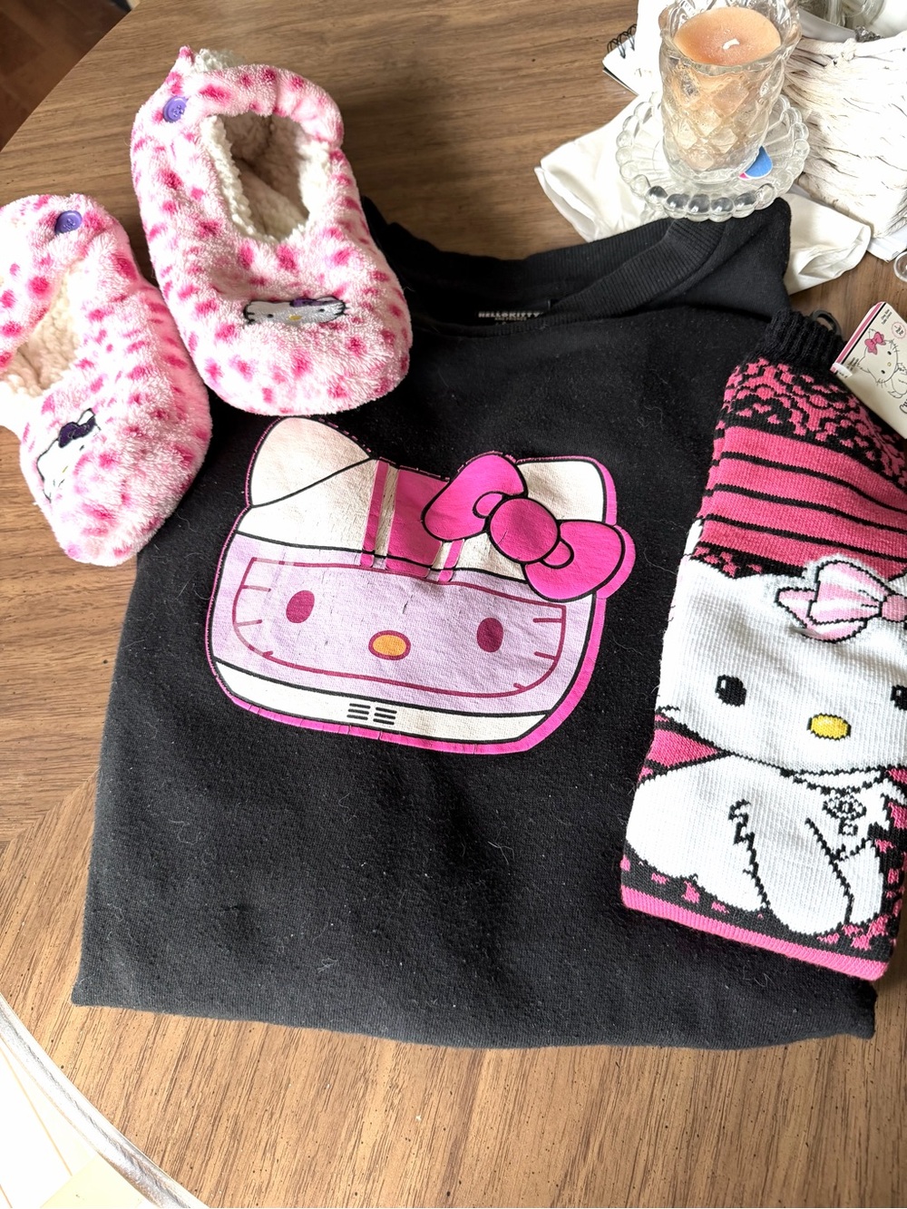 Hello Kitty 3pc set Black Sweatshirt with Pink Graphic, new socks and slippers